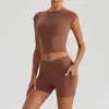 Conjunto de Sutiã Esportivo de Manga Curta com Gola Halter e Bolso para Corrida e Yoga Calça Longa e Curta para Mulheres