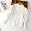 Camiseta Base de Manga Abullonada para Niña Estilo Nuevo Primavera y Otoño Camiseta de Manga Larga Blanca con Cuello Semi-alto para Niños