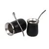 Mini garrafa térmica de aço inoxidável transfronteiriça, caneca de cerveja em couro sintético, copo de café a vácuo de camada dupla com colher, copo de água