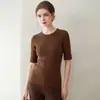 Top de punto para mujer de manga media, cuello redondo, corte slim, hecho con hilo Yangzi de 18 puntos, lana finamente hilada, para primavera y verano