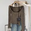Camiseta Única y Súper Bonita de Encaje con Cuello Halter y Mangas Largas para Mujer 2025 Nuevo Top Chic Chic Rayado de Principios de Otoño