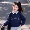 Elegante y Versátil Moda para Niñas Moderna Combinación Perfecta Rayas Patchwork Cuello Polo Falso Dos Piezas Sudadera Pantalones Anchos Casuales Conjunto