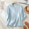 Camisa artística de gaze dupla, estilo novo verão 2026, para mães, cardigã, manga curta, modelagem solta, blusa de manga média, estilo chinês, para mulheres baixinhas