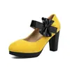 Sapatos Mary Jane Femininos Camurça Bico Redondo Salto Grosso Salto Alto Laço Fofo Tira de Velcro Sapatos Lolita