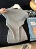 Blusa de tricô estilo coreano para mulheres, gola alta meia-manga curta, texturizada, justa ao corpo, rejuvenescedora, peça externa versátil, com padrão de ondas