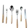 Conjunto de Talheres de Aço Inoxidável 304 com Cabo de Madeira de Faia Estilo Japonês, Atacado de Grau Alimentício para Delivery, Adequado para Necessidades de Catering