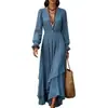 Vestido Longo Feminino Europeu e Americano Transfronteiriço Cor Sólida Decote V Boêmio Irregular Babado Chiffon Manga Longa