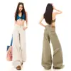 Novos jeans casuais de tecido de lona lavado estilo americano de cintura baixa, modelagem solta, perna larga, com estampa de primavera