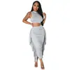 OS6901 Verano Transfronterizo Nuevo Amazon Europeo y Americano Mujeres Sexy Ajustado Borla Sin Mangas Conjunto de Vestido de Dos Piezas