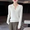 Suéter de Punto Blanco de Manga Larga 100% Lana para Mujer Estilo Old Money con Cuello POLO, Jersey Versátil Elegante con Diseño de Punto Trenzado