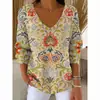 Estación Independiente Transfronteriza Europea y Americana Nueva Camiseta de Moda para Mujer Estampado 3D Color Degradado Cuello en V Manga Larga Top Verano Europeo y Americano