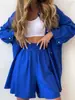 Conjunto de Dos Piezas de Algodón Moda Nueva Primavera/Verano 2026 Europeo y Americano Camisa de Manga Larga con Cuello de Solapa y Bolsillo de Botón Shorts de Pierna Ancha Sueltos