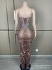 Vestido de Escenario Sexy, Cristales Plateados Brillantes y Pedrería, Vestido de Punto Transparente Marrón