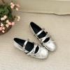 Sapatos Mary Jane de Ballet com Salto Interno Aumentador e Tachas para Mulheres, Novo Verão 2025 Sapatos Versáteis de Couro Estilo Francês com Laço