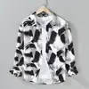 Camisa de Manga Larga con Estampado de Primavera y Bloques de Color para Hombre, Camisa Chaqueta Juvenil Elegante de Tencel Lino de Corte Holgado