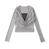 Otoño 2025 Nuevo Estilo Puro Deseo Elegante Cuello Oscilante Bloque de Color Falso Dos Piezas Versátil Fruncido Manga Larga Drapeado Camiseta Top para Mujer