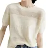 Camiseta Personalizada Nova de Tencel Resistente Jacquard Embossado Vazado de Manga Curta para Mulheres, Top de Malha Soltinho Fino de Verão com Gola Redonda