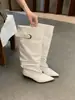 Botas de Cano Largo Europeias e Americanas Retrô Bico Fino Plissadas Empilhadas Coberturas de Bota Manga Decoração com Fivela de Couro Botas Altas Não Acima do Joelho Botas de Equitação