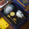 Juego de Taza de Café y Platillo de Cerámica Hueso de China Estilo Europeo de Alta Calidad, Taza de Té Vintage, Juego de Caja de Regalo Exquisita de Gama Alta para Inauguración de Casa