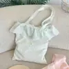 Bolso de Lona Floral Fruncido Color Verde Menta con Textura Plisada, Bolso de Hombro Casual Estilo Estudiante para Viajes