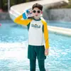 Roupa de Banho Infantil Conjunto de Duas Peças para Meninos Manga Longa Calça Longa Proteção Solar Color Blocking para Crianças Maiores Férias Verão Roupa de Banho Infantil