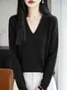 Suéter fino de lana para mujer, corte ajustado, canalé vertical, patrón tridimensional de espina de pescado, cuello en V, manga larga, adecuado para el trabajo, capa interior de punto