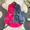Nueva Camisa de Mezclilla Retro Estilo Hong Kong Elegante Cintura Ceñida con Cinturón Combinación de Colores Top Casual de Longitud Media Chic para Mujer