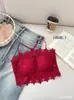 Sexy Camisola Floral Calada Soluble en Agua con Espalda Descubierta, Almohadillas Fijas en el Pecho, Cuello Halter, Capa Interior, Top Tubo y Sujetador Cruzado para Mujer
