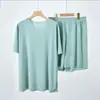 Pijama Sem Costura de Seda Gelada para Homens e Mulheres, Novo Estilo de Verão para Casais, Ultra-Fino e Confortável, Gola Redonda, Manga Curta Canelada Conjunto de Roupa Casual