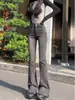 Jeans Acampanados Grises Ahumados Estilo Retro Americano para Mujer, Pantalones de Campana Elásticos de Cintura Alta Estilo Hot Girl para Otoño e Invierno