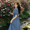 Vestido de Verano Nuevo Delgado Largo con Cuello Cuadrado y Mangas Abullonadas, Estilizador y Elegante para Mujer