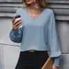 Tiktok Venda Quente Primavera e Outono Multicor Europeu e Americano Commuting Casual Simples Plissado Manga Lanterna Cor Sólida Transfronteiriça Camisa Feminina