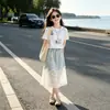 Conjunto de Camiseta de Manga Corta y Falda de Mezclilla para Niñas Verano Ropa Infantil Conjunto de Dos Piezas con Falda de Patchwork de Encaje para Niñas Tendencia