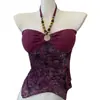 Top de tirantes con cuentas estilo chica hot retro americano con espalda descubierta sexy y top corto de malla con retazos