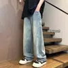 Jeans de trabajo estilo americano para hombre, primavera y otoño, marca de moda, vintage lavado, patchwork, pierna recta holgada, pantalones casuales de pierna ancha
