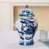 Jarra grande con patrón de dragón azul y blanco con tapa, adorno de cerámica estilo retro chino para recibidor feng shui, en stock en la fábrica
