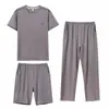 Pijama de punto de cuello redondo de verano para hombre, conjunto de tres piezas con pantalones cortos de manga corta, algodón modal, agradable para la piel, ropa de casa para hombre MO