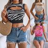 Foto Real de Top Corto de Punto para Vacaciones 2026 Verano Calado Bloque de Color Estampado de Zebra Ropa de Mujer Transfronteriza Amazon