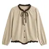 Nova Camisa Color Block com Babados e Manga Longa Estilo Francês Outono 2026 para Mulheres Elegante Emagrecedora Rejuvenescedora Estilosa Versátil