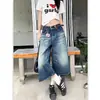 Shorts jeans cropped lavados estilo retrô americano para mulheres, novo estilo verão 2026, cintura alta, soltos, modeladores, calça reta de perna larga de comprimento médio
