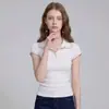 Top de punto de manga corta con ribete de color contrastante para mujer, corte ajustado, polo blanco