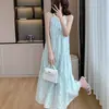 Vestido de Verano 2026 Perla sin Mangas Halter para Mujer Nuevo Estilo Francés Vestido de Vacaciones en la Costa Vestido de Tirantes para Vacaciones en la Playa