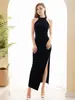 Elegante Vestido de Noche Estilo Socialité Sexy de Cintura Alta Adelgazante con Abertura Vestido Largo Modelo Nuevo Verano 2026