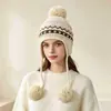 Chapéu de tricô com padrão Fair Isle e proteção para as orelhas para mulheres, chapéu aviador vintage espesso e quente para outono e inverno, chapéu para clima frio que afina o rosto