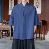 Camisa de manga curta, imitação de linho de verão, corte solto, mangas de três quartos, Hanfu estilo Ming, decote em V, blusa leve, estilo chinês, vestuário masculino, respirável