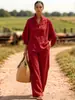 Conjunto de Duas Peças de Linho para Primavera e Verão, Estações Cruzadas Europeias e Americanas, Camisa Casual Confortável de Botão e Calça de Pernas Largas Feminina, Não Amassa