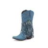 Otoño 2023 Botas de Mezclilla Puntiagudas Casuales para Mujer Botas de Cuero con Borlas en la Manga Tacón Medio 40-43 Botas de Comercio Exterior