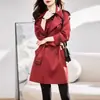 Elegante trench coat estilo coreano para mulheres, novo 2026 primavera e outono vermelho slim fit de abotoamento duplo comprimento médio