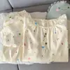 2025 Nuevo Estilo Popular de Verano Algodón Nube Dibujos Animados Casual Lindo Cuello Redondo Manga Larga Conjunto de Dos Piezas Ropa de Casa para Mujer