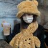 Gorro con estampado de tigre y orejas de oso de peluche para mujer, gorro de pescador cálido para otoño e invierno, bufanda de dibujos animados